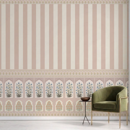 Rivaayat Dusty Rose Striped Floral Archway Wallpaper