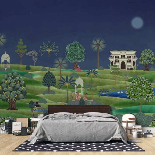 Bedroom - Chandni Bagh – Indian Night Garden Wall Mural Wallpaper, Custom Size