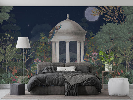 Bedroom - Mayur Mahal Nights – Indian Peacock Garden Wall Mural Wallpaper, Custom Size