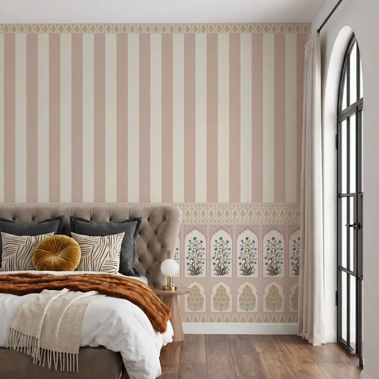Bedroom with striped wallpaper, Customized wallpaper in India
