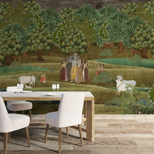 Dining Room - Vrindavan Leela – Indian Pichwai Krishna Wall Mural Wallpaper, Custom Size