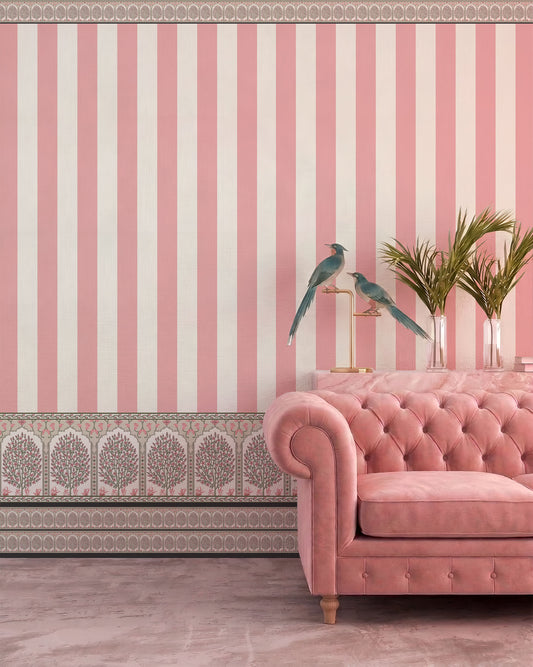 Living Room - Bahaar – Pink Striped Traditional Indian Wallpaper, Custom Size
