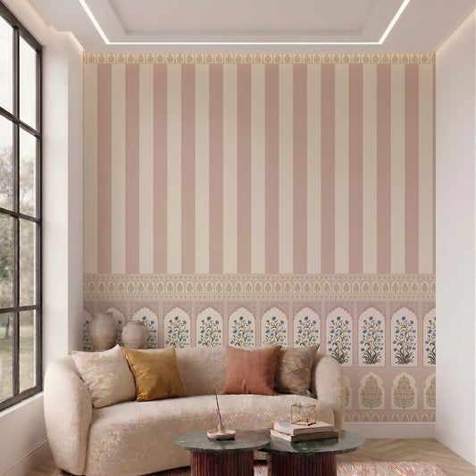 Hallway - Beige Stripe Mughal Pichwai Arch Indian Wallpaper, Custom Size