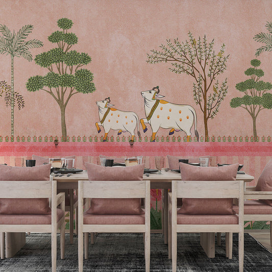 Dining Room - Shubh Gau Vatika – Indian Pichwai Cow Wall Mural Wallpaper, Custom Size