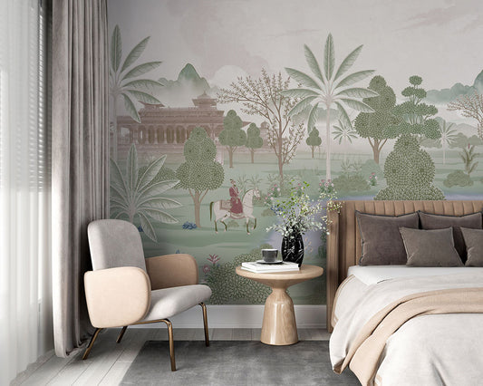 Bedroom - Shant Sarovar – Vintage Indian Lake Wall Mural Wallpaper, Custom Size