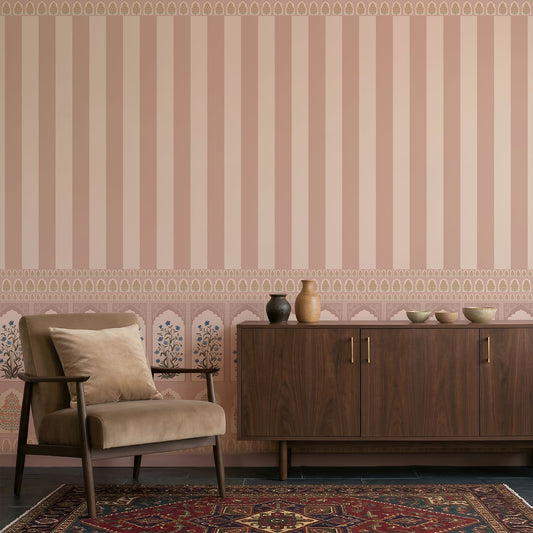 Rivaayat Dusty Rose Striped Floral Archway Wallpaper
