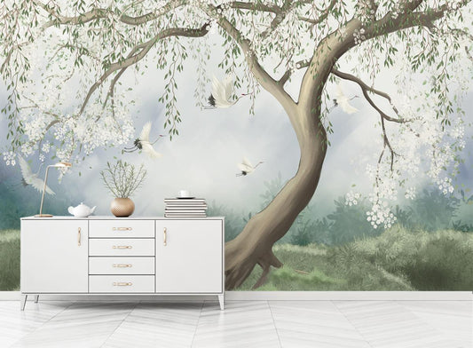 White Floral Tree with Beautiful Cranes Wallpaper, Tree Wallpaper for Living Room Walls