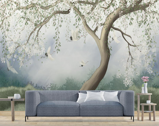 White Floral Tree with Beautiful Cranes Wallpaper | Customized Wallpaper