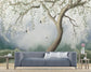 White floral tree and cranes wallpaper