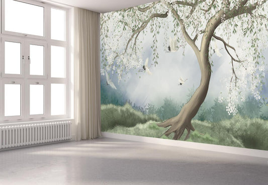 Living Room - White Floral Tree & Cranes – Chinoiserie Wall Mural, Custom Size