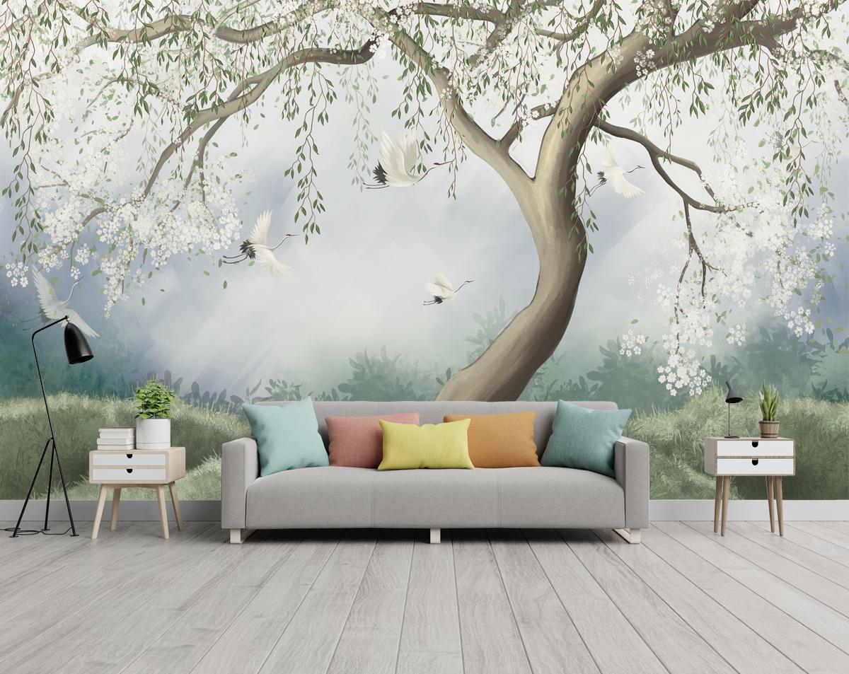 White Floral Tree with Beautiful Cranes Wallpaper, Tree Wallpaper for Living Room Walls