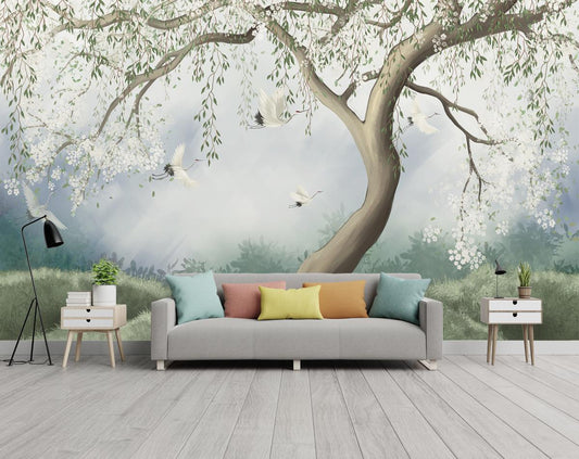 Bedroom - White Floral Tree & Cranes – Chinoiserie Wall Mural, Custom Size