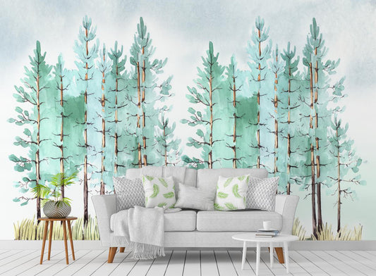 The Pine Tree Wallpaper Murals, Watercolour Tree Wallpaper, Nature Theme Wall Design