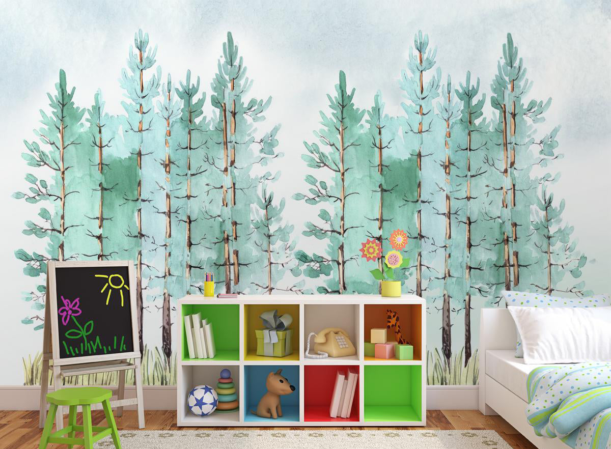 The Pine Tree Wallpaper Murals, Watercolour Tree Wallpaper, Nature Theme Wall Design