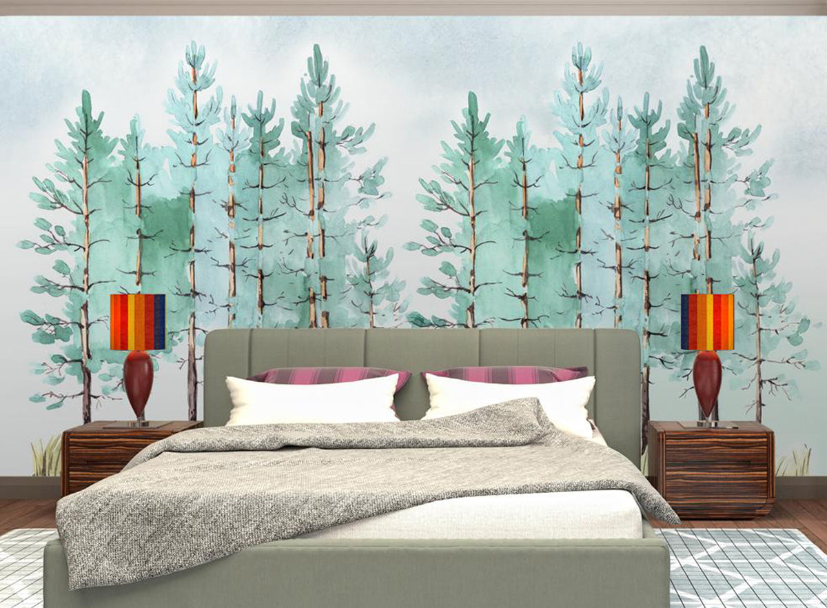 The Pine Tree Wallpaper Murals, Watercolour Tree Wallpaper, Nature Theme Wall Design