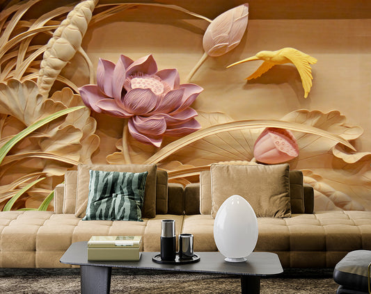 Pink Lotus 3d Mural Wallpaper | Bird Flower Wallpaper