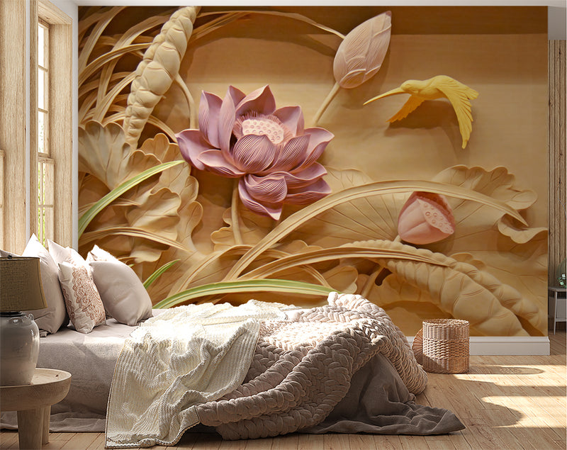 Pink lotus and birds 3D mural wallpaper