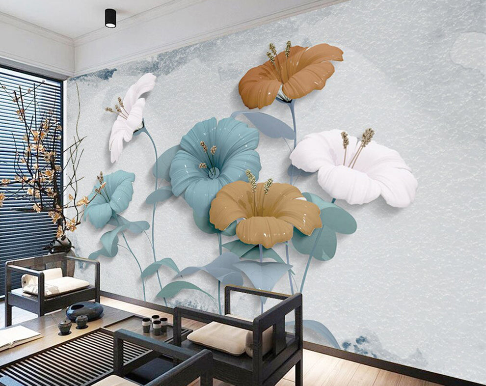 Custom 3D Wallpaper Blue, White and Light Orange Flower Wallpaper for Walls