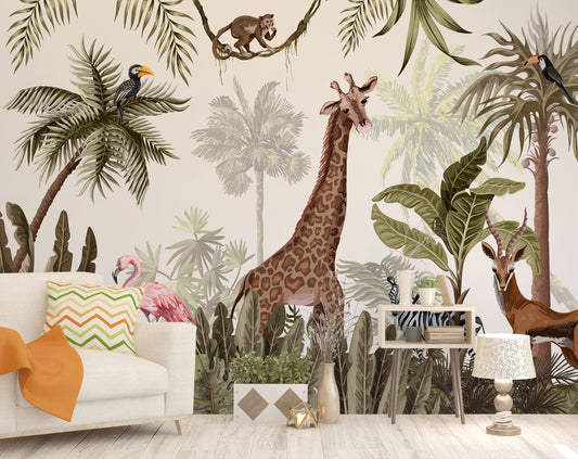 Antique Forest Drawing Wallpaper For Living Room Jungle Animals Watercolor Wallpaper