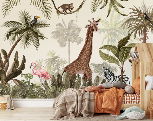 Antique Forest Drawing Wallpaper For Living Room Jungle Animals Watercolor Wallpaper