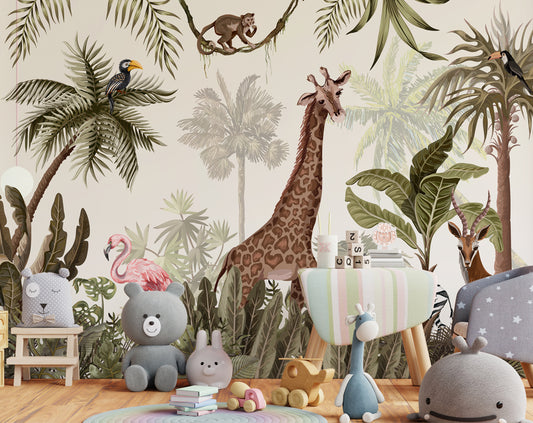 Kids Room - Antique Forest Drawing with Jungle Animals Watercolor Wallpaper