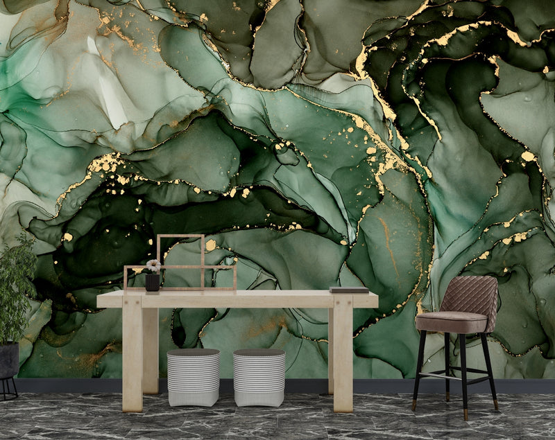 Green and gold fluid marble wallpaper