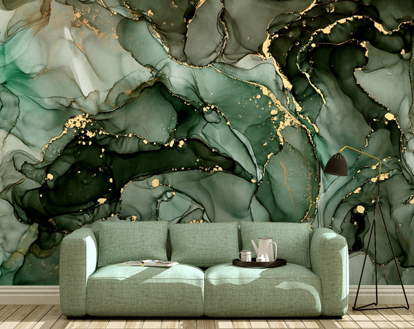 Green and gold fluid marble wallpaper - view 2