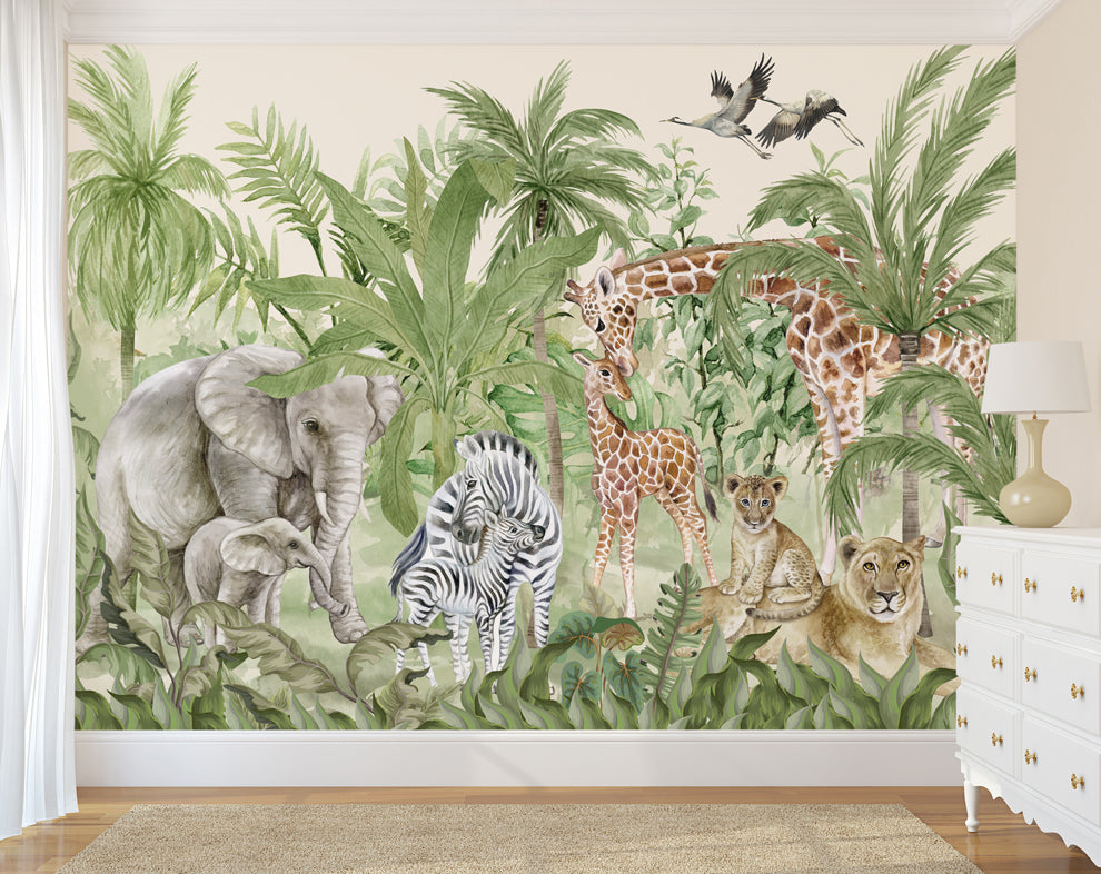 Watercolor Forest Animals Wallpaper For Wall, Jungle Safari Wallpaper, Animal Family Wallpaper