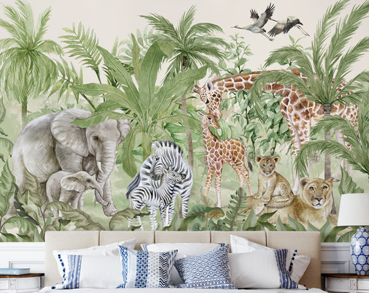 Watercolor Forest Animals Wallpaper For Wall, Jungle Safari Wallpaper, Animal Family Wallpaper