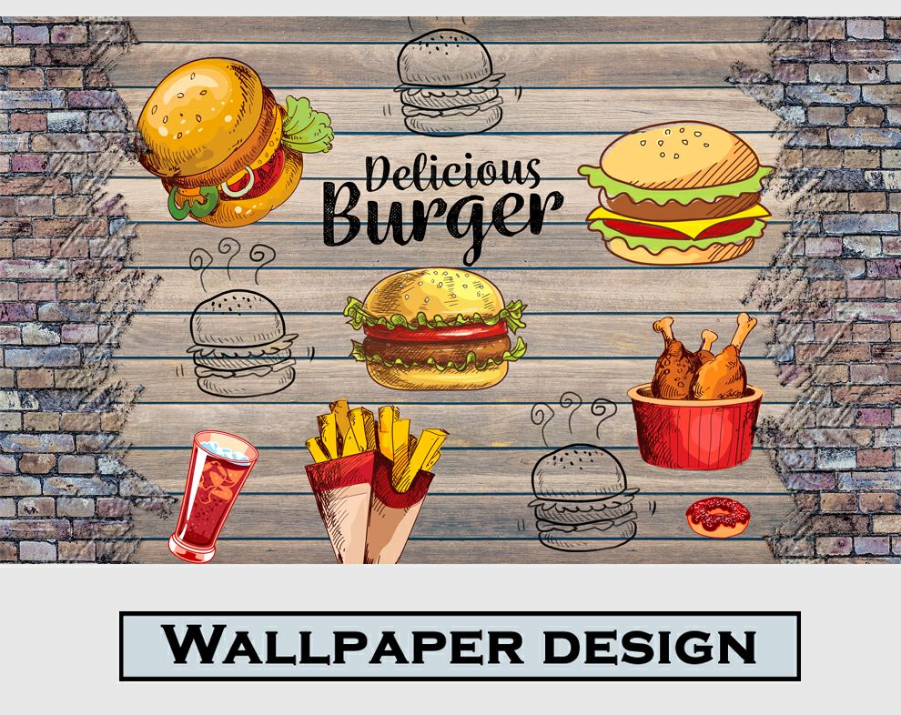 fast food icons cafe wallpaper for walls, food item on wood wallpaper