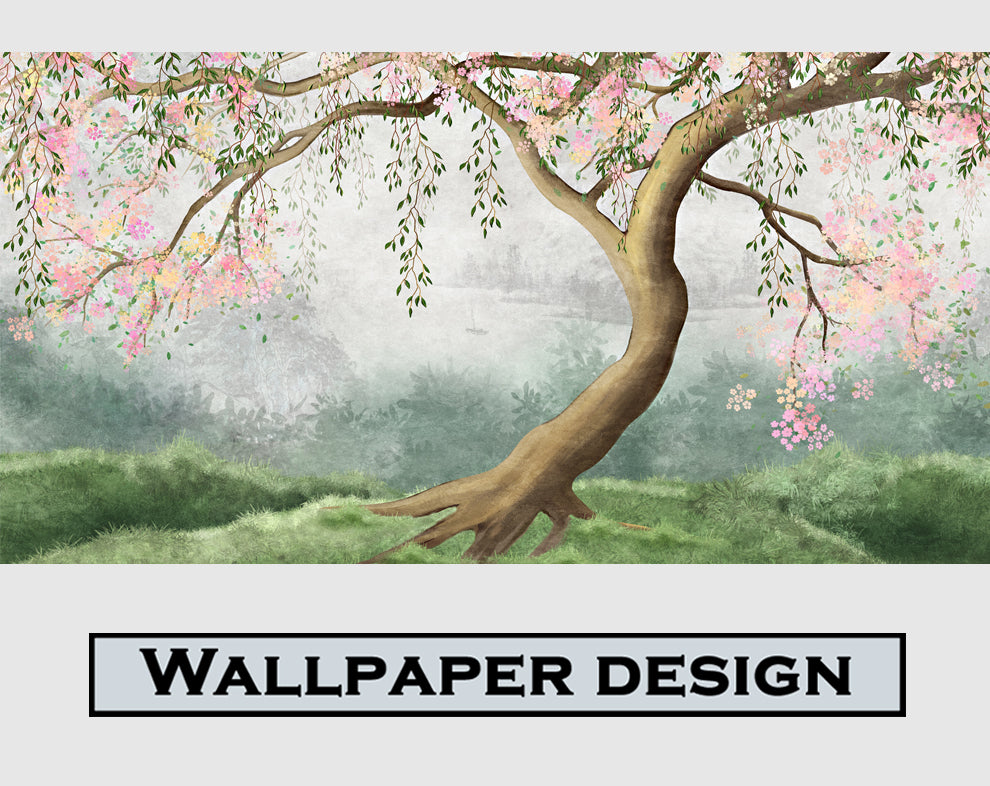 Water Colour Tree Wallpaper And Pink Flowers Wallpaper For Wall