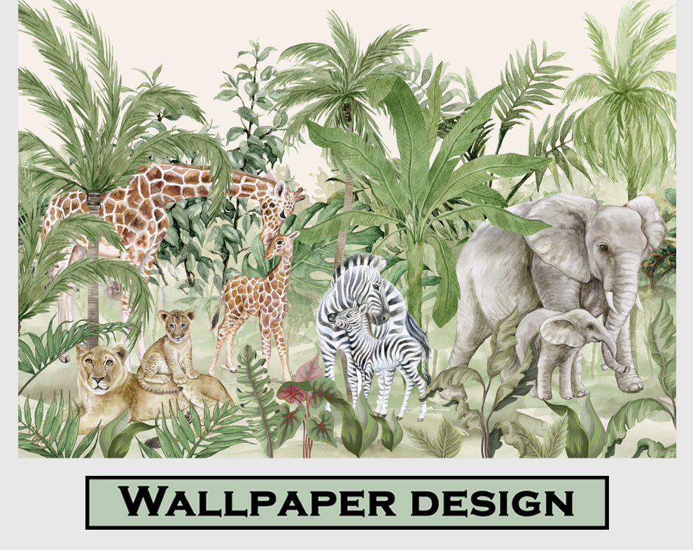 Watercolor Forest Animals Wallpaper For Wall, Jungle Safari Wallpaper, Animal Family Wallpaper