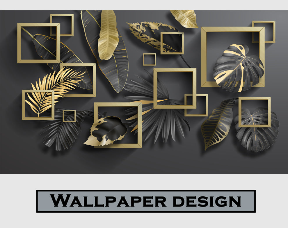 3D Black Leaf And Golden Square Wallpaper