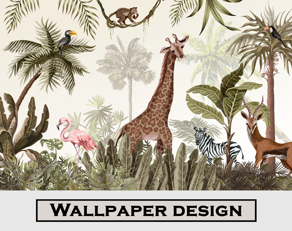 Antique Forest Drawing Wallpaper For Living Room Jungle Animals Watercolor Wallpaper