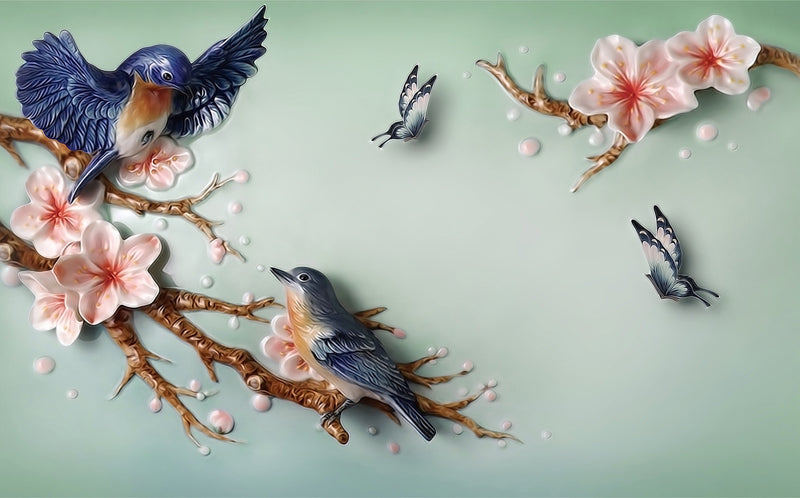 3D Blue Birds Wallpaper | birds are tweeting on the branch | Bedroom wallpaper