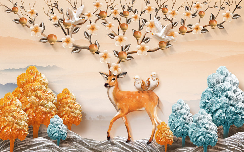 3d Deer Leaves and Flowers on Horns Mural Wallpaper