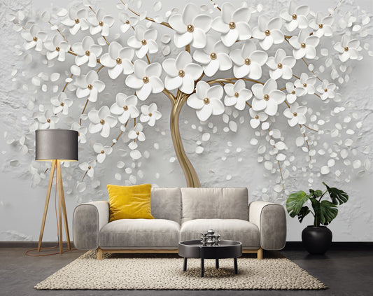 3d Golden tree and white flowers wallpaper | Living room wallpaper for walls