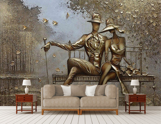 3D Stereo Photo Murals Golden Relief Park Couple