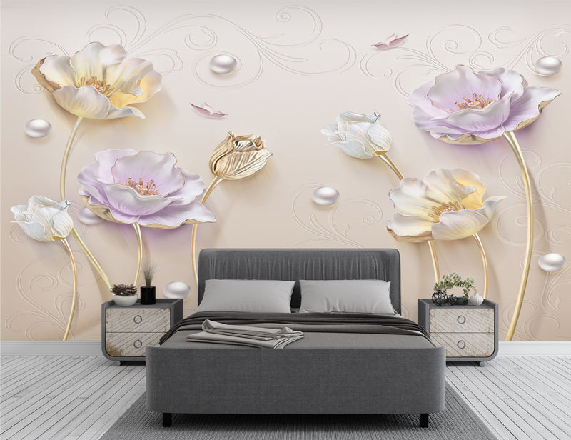 3D Floral With Gems Wall-Art Wallpaper