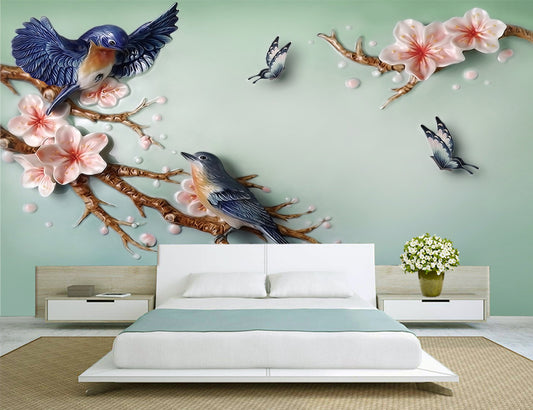 3D Blue Birds Wallpaper | birds are tweeting on the branch | Bedroom wallpaper