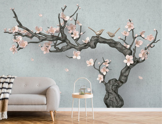 3D Branches And Pink Flower Design Wallpaper