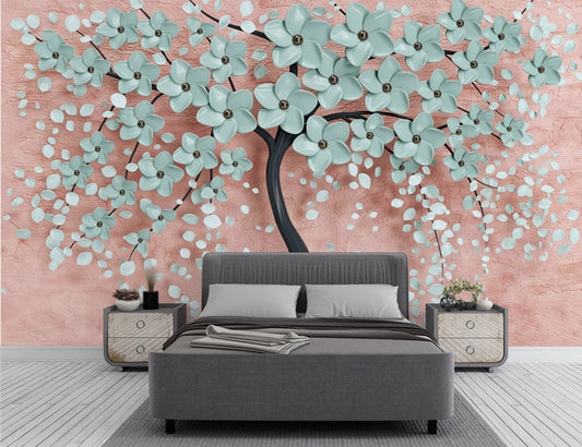 Mint Green Flowers Tree 3d Wallpaper Mural | Wallpaper for walls, texture wallpaper