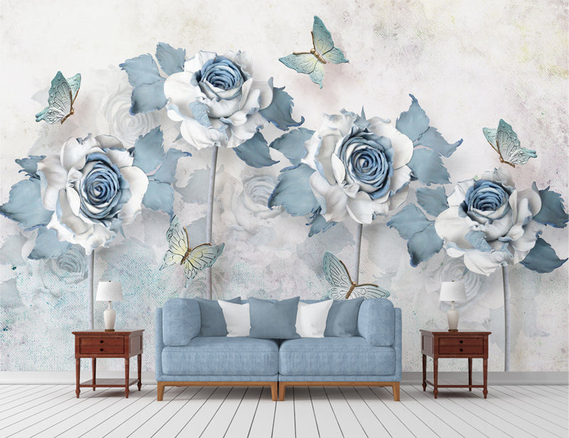 3D Blue Elegant Big Flowers and Butterfly Wallpaper