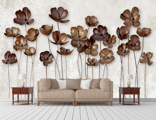 The Metal Flowers 3d Wallpaper | 3d Brown Floral Wallpaper for Living Room