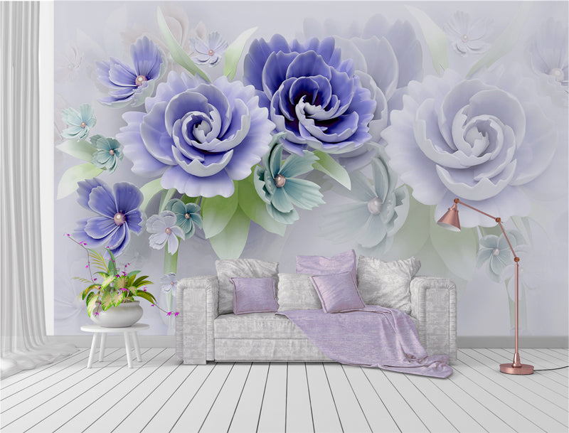 Aqua Blue 3D Floral Wallpaper