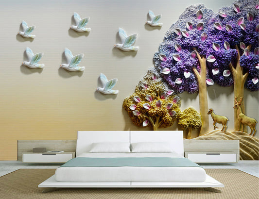 3d Nature Theme Tree and Birds are flying Wallpaper