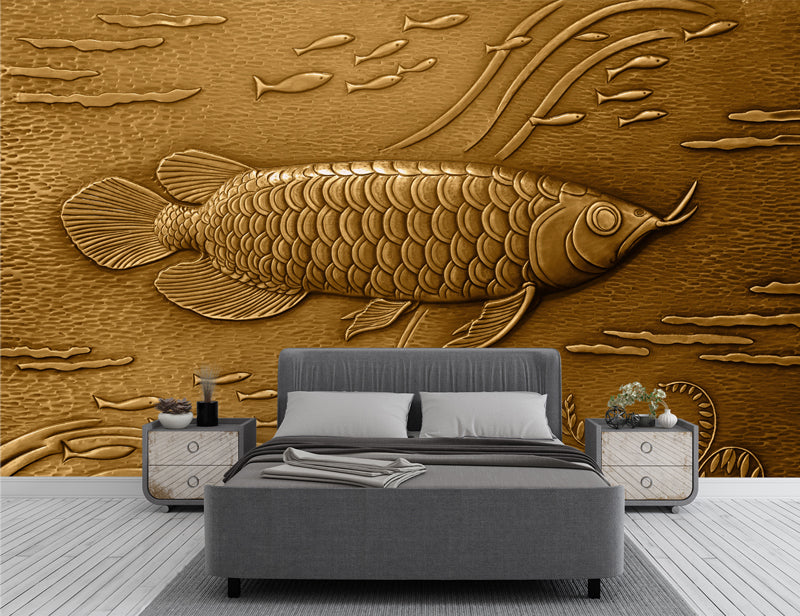 3D Wall Mural Metal Gold Fish Wallpaper