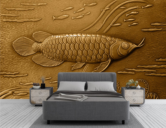 3D Wall Mural Metal Gold Fish Wallpaper