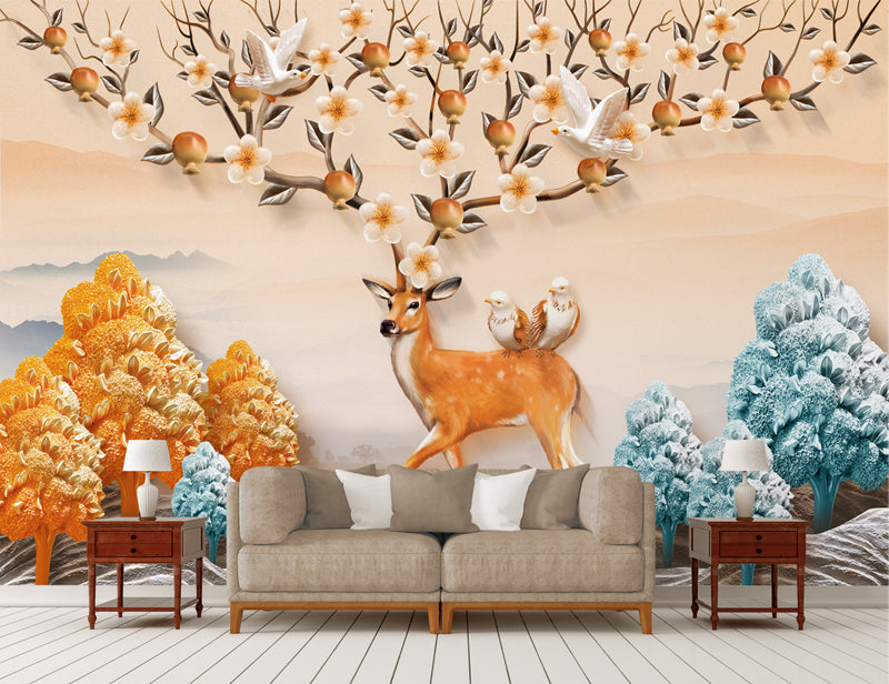 3d Deer Leaves and Flowers on Horns Mural Wallpaper