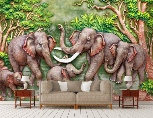 Elephants in group mural wallpaper